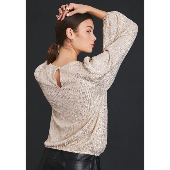 Anthropologie Flat White Sequin Long-Sleeve Top Size L Petite Keyhole Back - Picture 4 of 9
